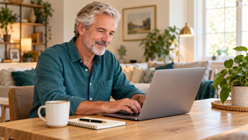 An older man smiling while using a laptop at home.